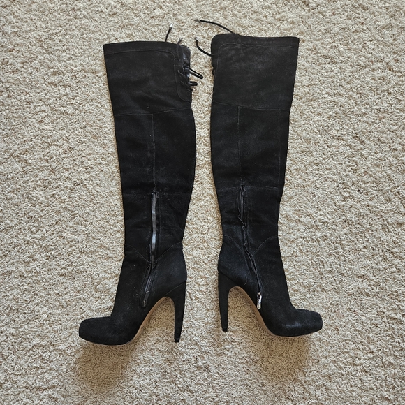 Sam Edelman Kayla Tall Over the Knee Lace Black Suede Heel Boots - Picture 2 of 7